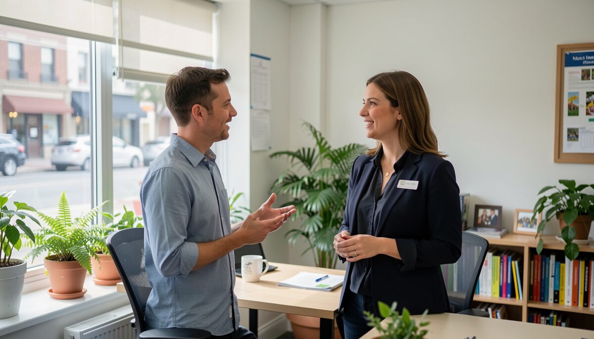 Two professionals talking in a bright nonprofit office with plants and a window overlooking a street.