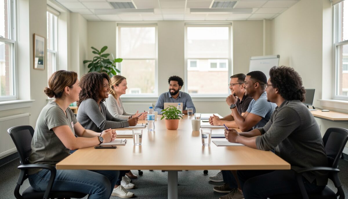 A diverse group seated around a conference table talking together in a bright university room.