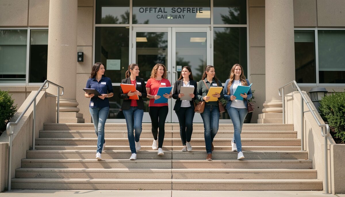 A state office building entrance with social workers carrying folders walking up wide steps.