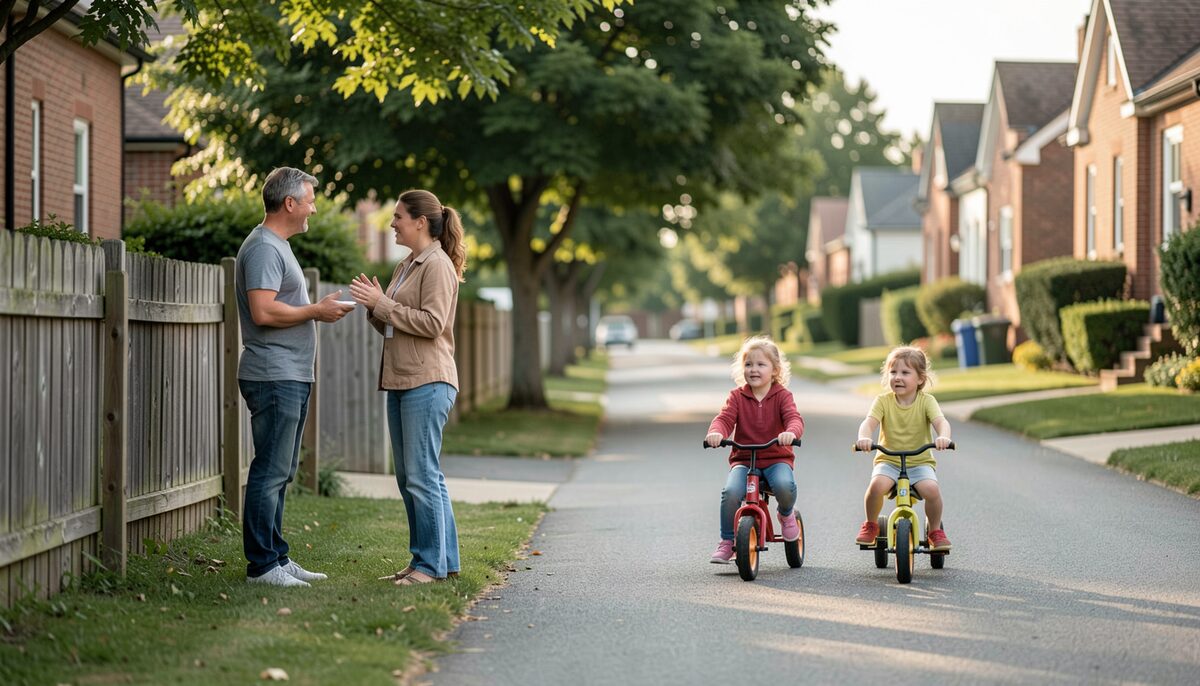 Neighbors chatting over a fence while children ride tricycles on a quiet residential street.