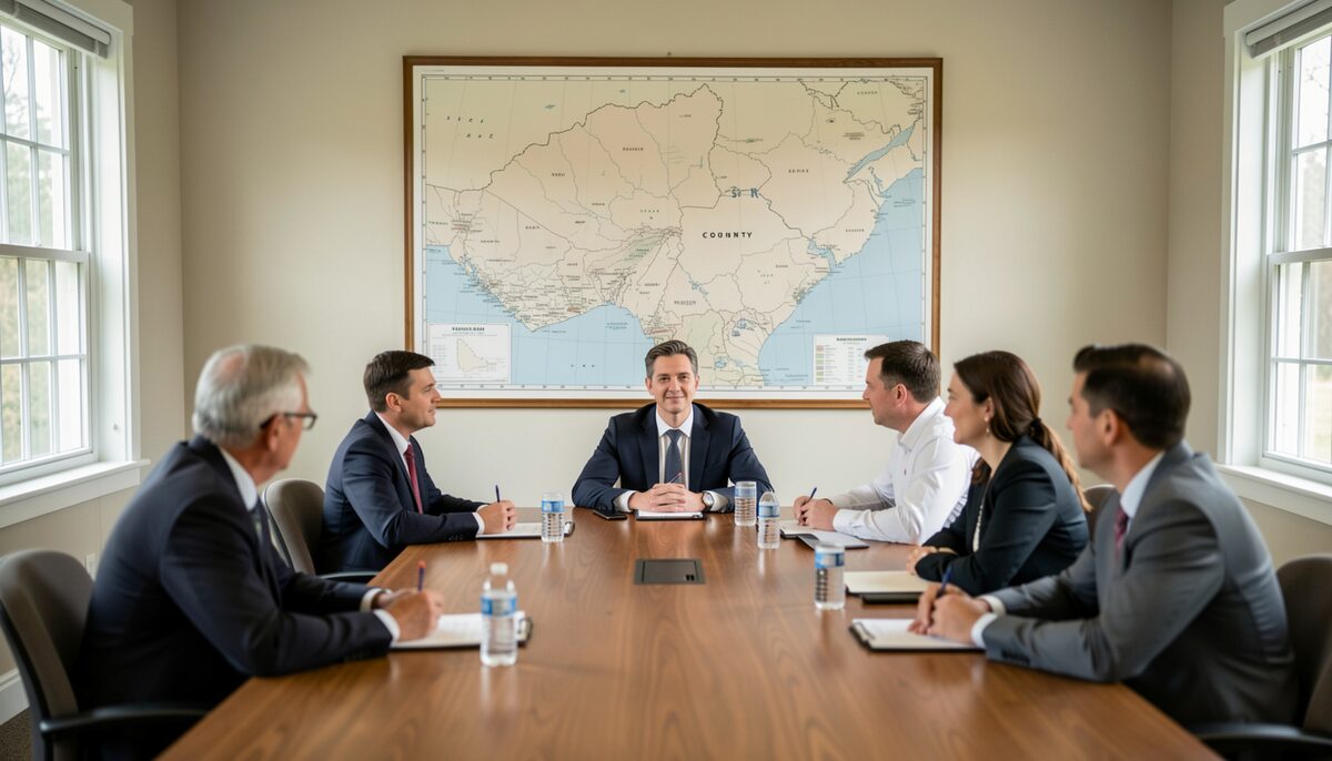 A county meeting room with staff around a wooden table beneath a large blank wall map.