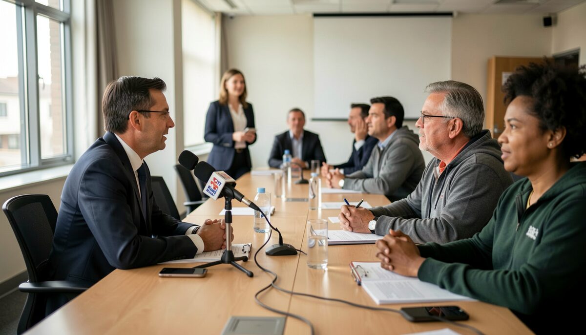 A journalist listening at a press table while community advocates speak nearby in a meeting room.