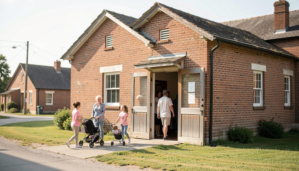 A small town brick building with open doors as families with strollers walk in on a sunny morning.