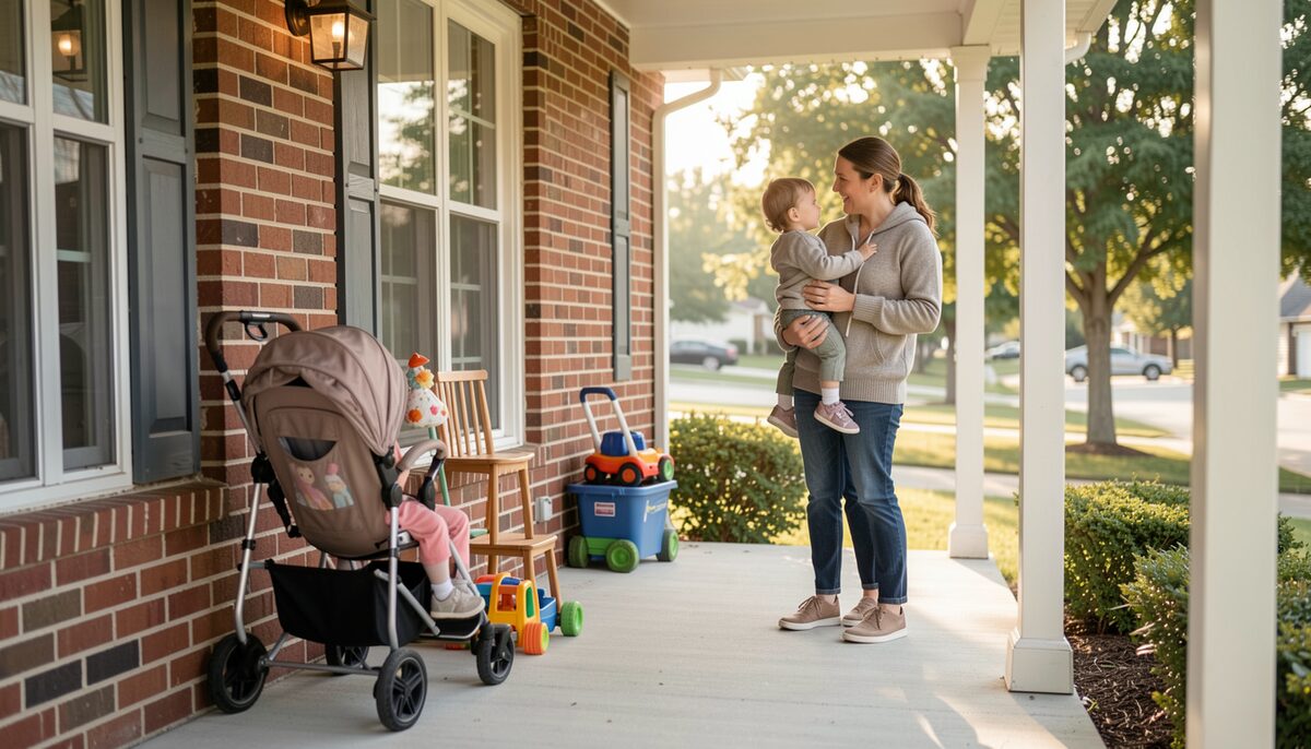 A suburban front porch in morning light with a stroller, toys and a neighbor chatting with a young mother holding a toddler.