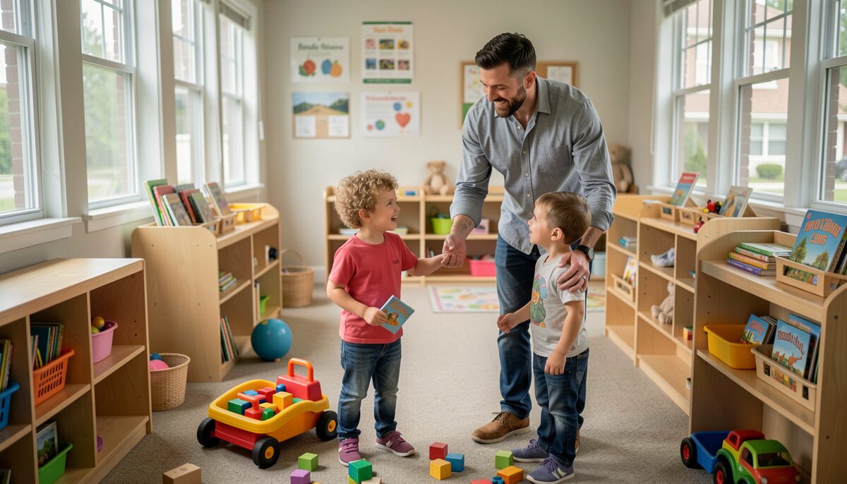 A family resource center playroom with staff welcoming a father and two young children with toys.